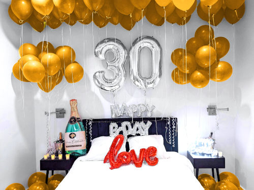 Happy Birthday Ceiling of Gold Balloons Room Decoration with Number Balloons