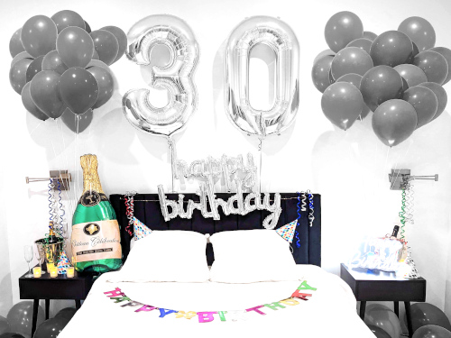 Happy Birthday Room Decoration in Silver with Number Balloons