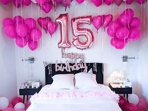 Quinceanera Birthday Room Decoration in Pink with Number Balloons
