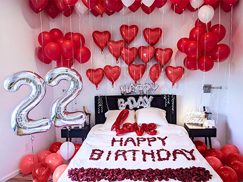 The Ultimate Romantic Birthday Room Decoration in Red with Number Balloons
